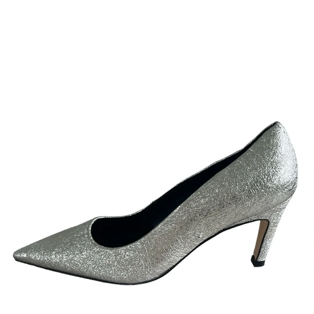 Good American The Icon Pointed Toe pump Heels. Silver crackle leather size 7.